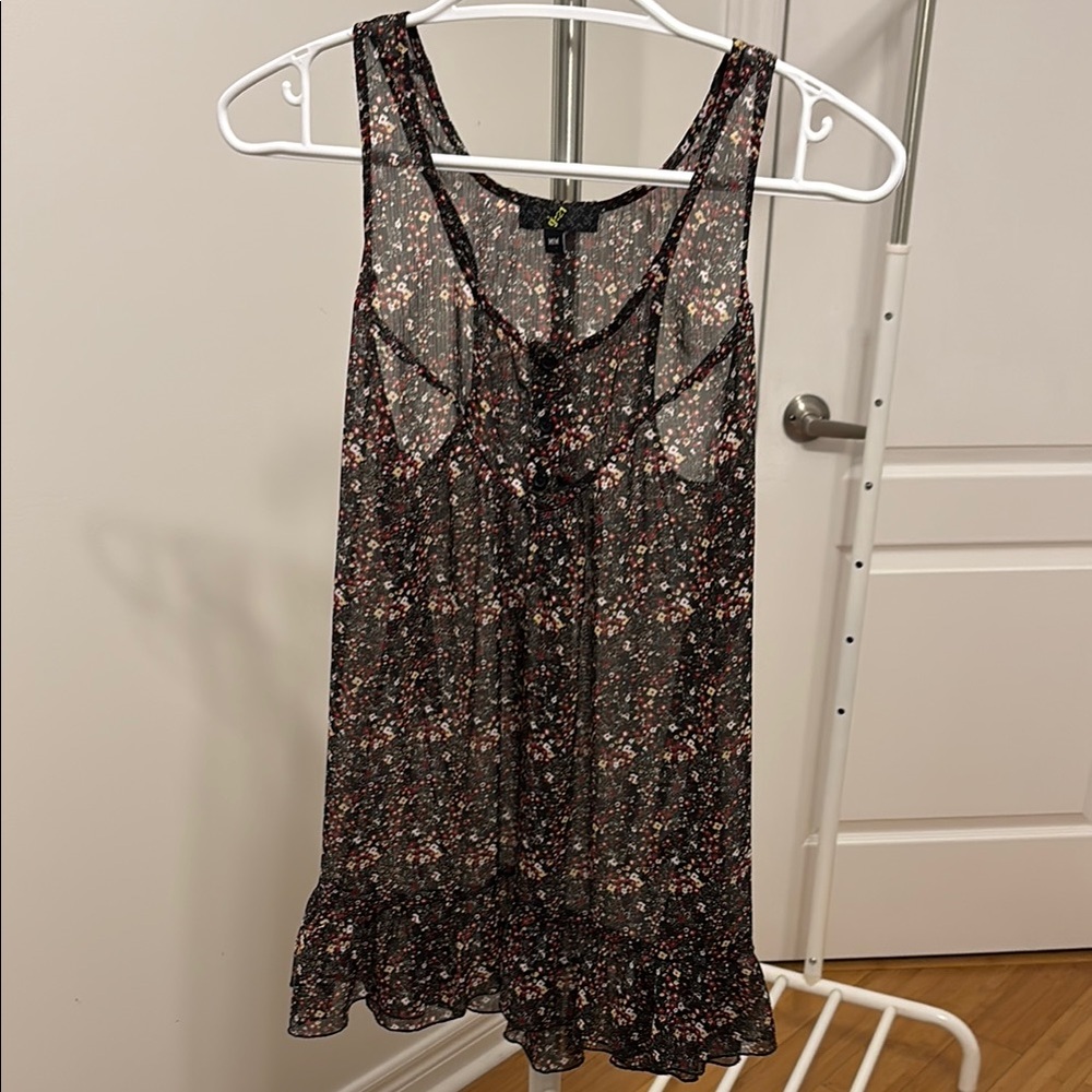 Sheer Black Floral Ruffle-Hem Tank